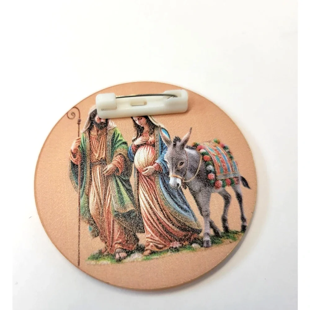 Rustic Christmas Nativity Holy Family Pin Back‎ Button Mary Donkey Joseph New